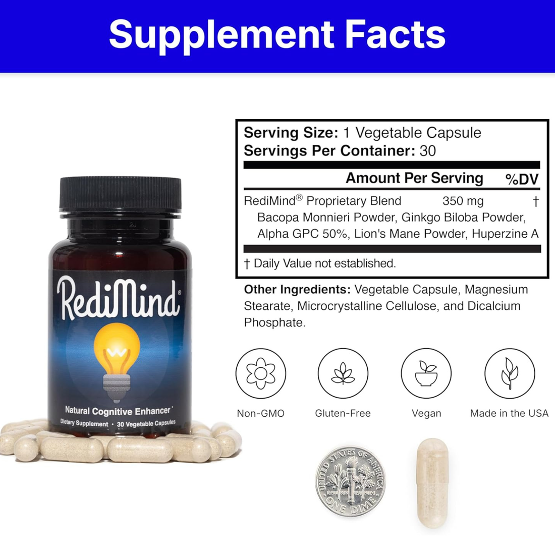 Redimind Natural Cognitive Support Capsules – Vegan, Non-GMO, Gluten-Free Nootropic Supplement - 30 Count 2 Pack